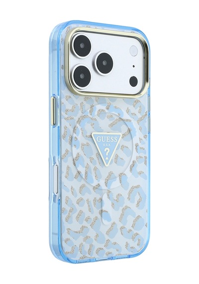 Apple iPhone Uyumlu 18 Pro Max Kılıf Guess  Lisanslı M-safeli Üçgen Logolu Simli Leopar Desenli Kapak Mavi