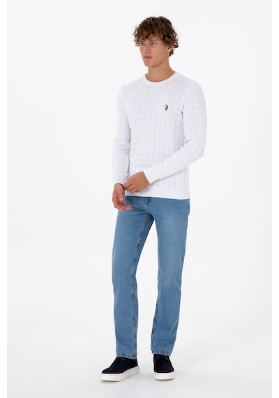 U.S. Polo Assn. Erkek Slim Fit Bisiklet Yaka Desenli Beyaz Kazak 50307836-VR013