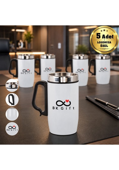 Logonuza Özel 5 Adet 5304 Çelik Kupa 240 Ml Kilitli Kapaklı Kurumsal Termos Mug Beyaz