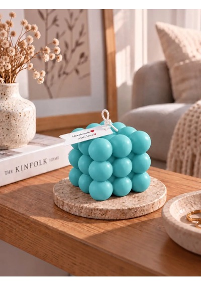Mumelia Bubble Küp Doğal Soya Dekoratif Blok Mum - Büyük Boy - Turkuaz