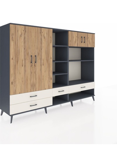 Hyperion Dolap 12 Raflı 4 Çekmeceli 4 Kapaklı 220x44x163 Antrasit Antrasit-çam/aytaşı