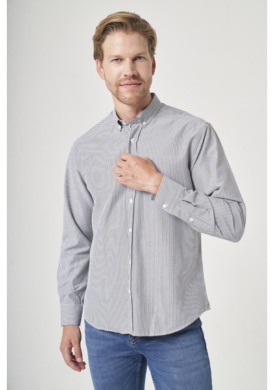 İmza Gri Düğmeli Yaka Uzun Kol Cepsiz Slim Fit Pamuklu Gömlek 1004260205 Beyaz - Siyah