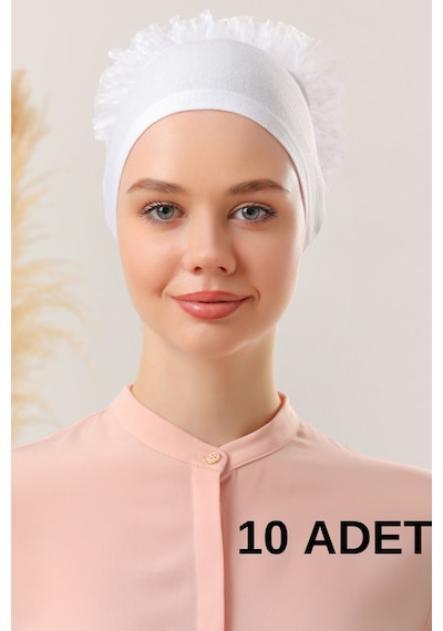 Melodi Scarf Kadın Tesettür 10'lu Fırfırlı Dikişli Bone Beyaz Beyaz