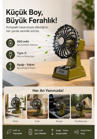 Exenar - Mavi - Şarjlı Masaüstü Mini Vantilatör Retro Tasarım 2 Kademeli Mini Fan 500 Mah Taşınabilir Fan