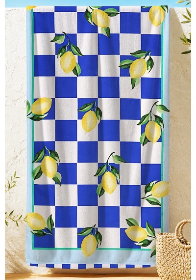 Limonlu Dama Desenli Sicilyan Plaj Havlusu - Akdeniz Stil Mavi Sarı Hızlı Kuruyan Mikrofiber Havlu Çok Renkli