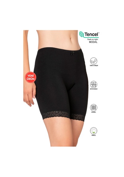 Özkan Underwear Özkan 27559 Kadın Pamuklu Modal Kumaş Paçası Dantel Detaylı Yüksek Bel Diz Üstü Tayt Esnek Rahat Yumuşak Siyah
