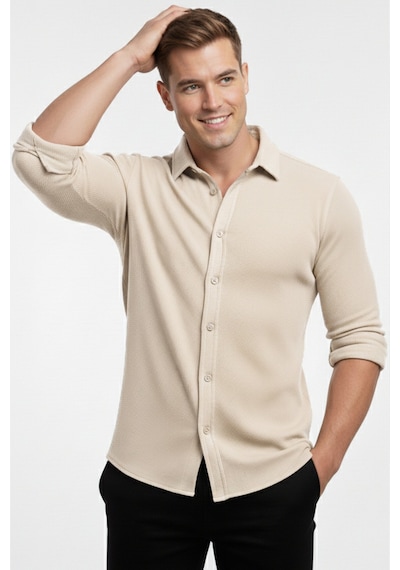 Rizzup Bej Slim Fit Örme Kumaş Likralı Erkek Gömlek Nefes Alan Esnek Ve Modern Tasarım 2602604