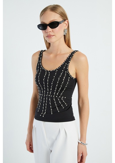 Fullamoda Taş İşlemeli Kalın Askılı Slim Fit Bluz Siyah