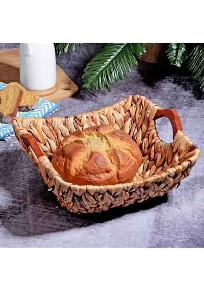 Wicker Serisi Bezli Kare Ahşap Kulplu Hasır Ekmek Sepeti Diğer