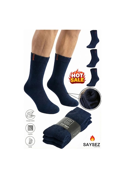 Saysez 3 Çift Termal Erkek Kışlık Soket Havlu Kalın Çorap Dikişsiz Lacivert Renk Premium Pamuk Lacivert