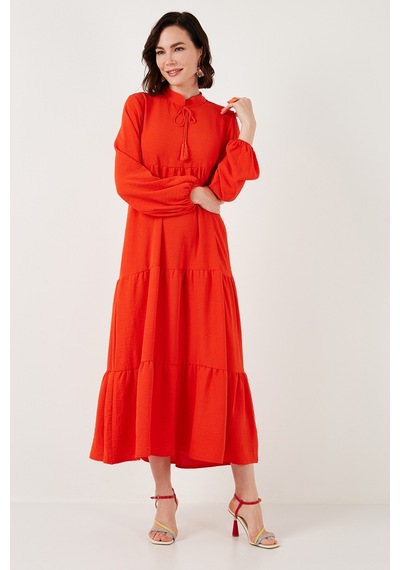 Lela Modest Regular Fit Dik Yaka Uzun Bayan Elbise 611El545 Oranj