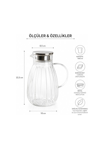 1800 Ml,büyük Boy Borosilikat Cam Sürahi,metal Süzgeç Kapaklı,su,limonata,detoks,çay Sürahisi-model2