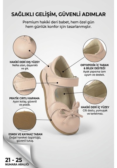 Perlina Hakiki Deri Termokauçuk Kaymaz Taban Kız Bebe Babet Pudra