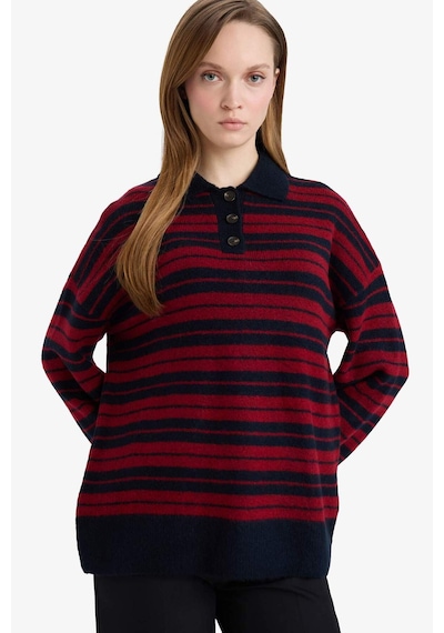 Defacto Loose Fit Polo Yaka Çizgili Triko Kazak Tunik G7240ax25cwnv207 Lacivert-nv207