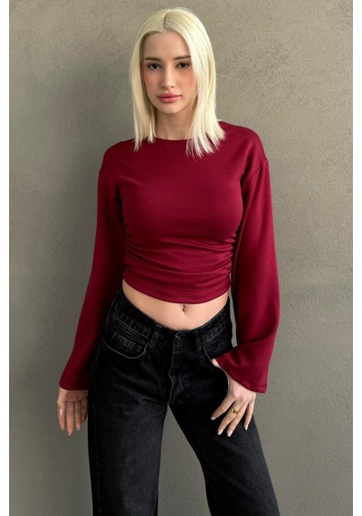 Madmext Bordo Bisiklet Yaka Yanları Büzgülü Geniş Kollu Kadın Bluz Mg2628