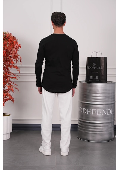 Modefendi Slim Fit Oval Kesim Uzun Kollu Pamuk Basic Tshırt Siyah