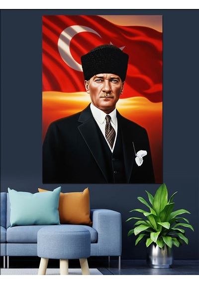 Atatürk Portresi Bayrak Kırmızı Dekoratif Kanvas - Mdf Ahşap Tablo