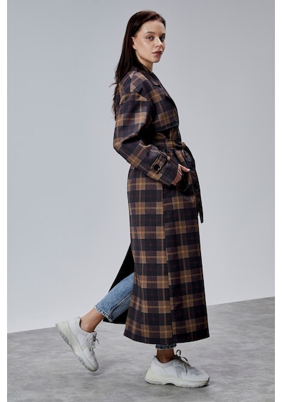 Elora Lacivert Ekose Detaylı Premium Oversize Trençkot 46650 Lacivert-haki
