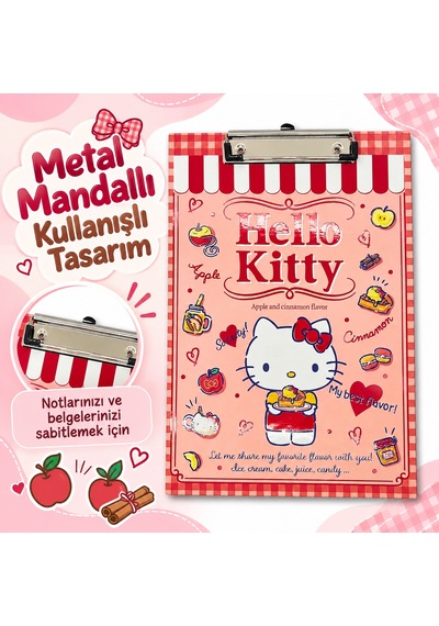 Bakgelal Hello Kitty Elmalı Ve Tarçın Temalı Kırmızı Kareli Metal Mandal Klipsli Sekreterlik Ve Bloknot Altlığı - 9028514823893