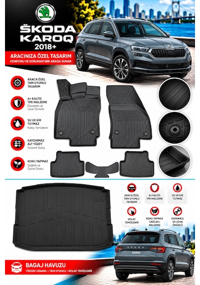 Skoda Karoq 2020 Model Havuzlu Paspas Takımı + Bagaj Havuzu -modx-