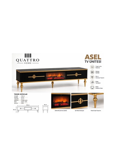 Asel Şömineli Tv Ünitesi Siyah Gold Detaylı Modern Tasarım 160 Cm