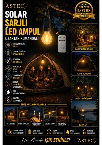 Astec Taşınabilir Solar Şarjlı Led Ampul Uzaktan Kumandalı Type-c Outdoor Kamp Bahçe Lambası Askılı Karabinalı Sarı