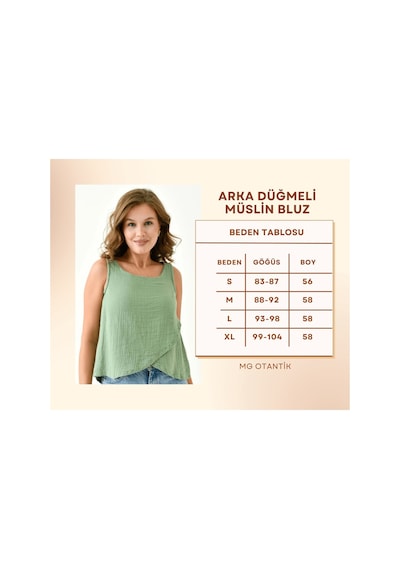 Mg Otantik Kadın Müslin Cepken Yelek Bluz %100 Pamuk Arka Düğmeli - Mg001 Haki