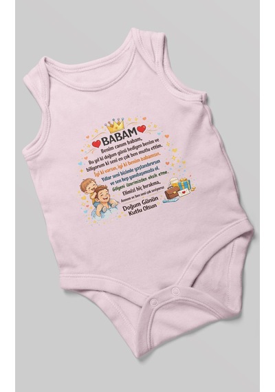 Morivokids Babam Doğum Günün Kutlu Olsun Sıfır Kollu Bebek Zıbını %100 Pamuk Bebe Pembe