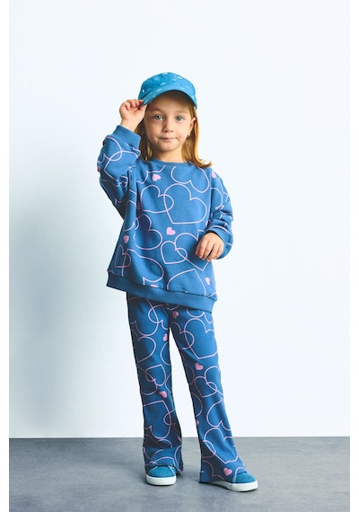 Defacto Kalp Desenli Bisiklet Yaka Sweatshirt Esnek Belli İspanyol Paça Alt 2li Takım Kız Bebek I3663a526wnbe341 Mavi-be341
