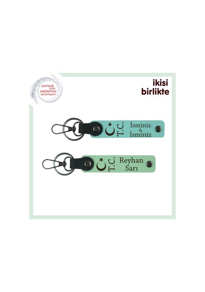 Birlikte Geçen Günleri Onurlandıran Hediye Ay Yıldız Tc Deri Anahtarlık X2 Set, Turkuaz-yeşil