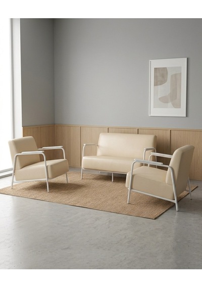 Atlas 2+1+1 Deri Ofis Büro Modern Bekleme Koltuk Takımı Beyaz Metal İskelet - Krem