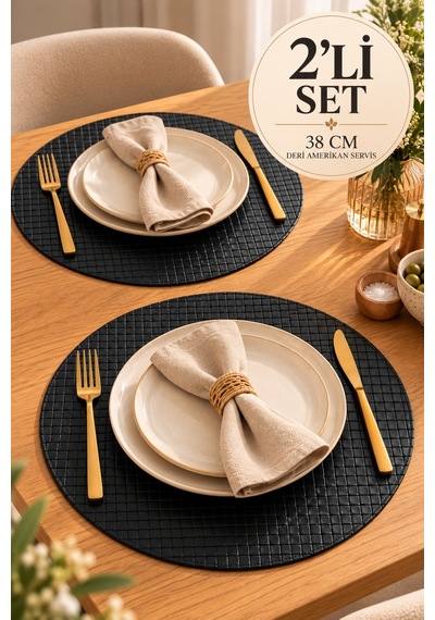 2 Li 38 Cm Yuvarlak Deri Amerikan Servis Supla Örgü Desenli Tabak Altlığı Siyah - 939602924 Siyah