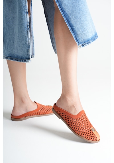 Analin Shoes Kadın Hakiki Deri Delikli Günlük Rahat Terlik Turuncu