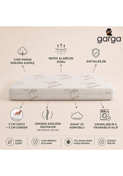 Doğal Visco Bamboo Bebek Ve Çocuk Yatağı 7 CM Ortopedik Park Yatak & Beşik & Anne Yanı Uyumlu 55 x 110