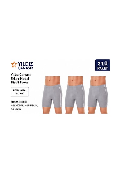 Yıldız Çamaşır Erkek Modal Biyeli Boxer 105-106-107-108-109 - 3 Adet Gri