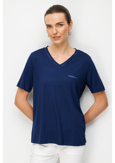 Desen Triko Kadın V Yaka Cebi Saten Şeritli Penye T-shirt 26828 Lacivert Lacivert