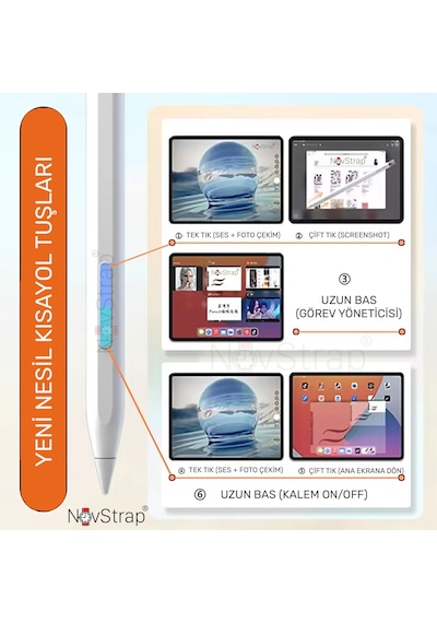 Novstrap Apple Uyumlu iPad  11. Nesil A16 / 10. Nesil 10.9 İnç İle Bluetooth Dokunmatik Tablet Kalemi Bp26bl Pil Ekranlı Kısayol Tuşlu Stylus Pencil