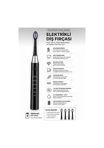 Amf13 Siyah Şarjlı Elektrikli Diş Fırçası 5 Modlu Ipx7 Su Geçirmez 4 Yedek Başlıklı Set