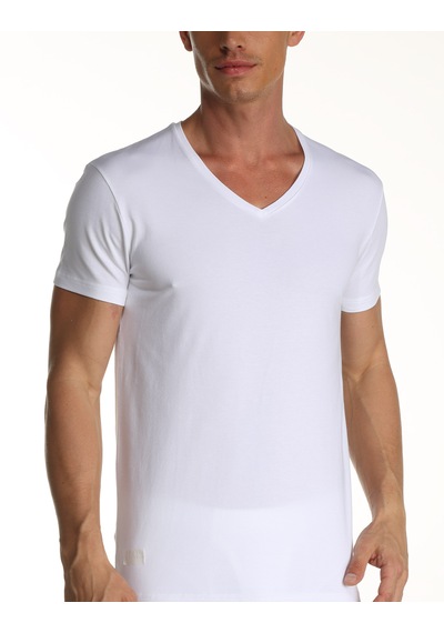 Çift Kaplan Erkek Elastanlı V Yaka T-shirt 0956 3'lü Beyaz