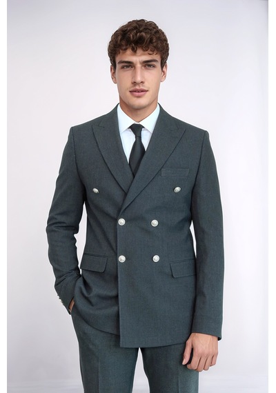 Gümüş Renk Metal Düğmeli Slim Fit Kruvaze Koyu Gri Erkek Takım Elbise Wessi Füme