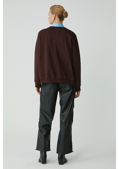 ETHIQUET PETRABB Kadın Içi Polarlı Yumuşacık Comfort Önü Nakışlı Örme Bordo Büyük Beden Sweatshirt