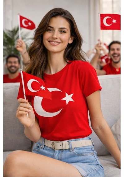 Westicgiyim Unisex Kırmızı Ay Yıldız Türk Bayraklı Tişört Kırmızı