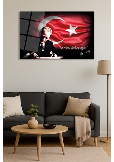 Ne Mutlu Türküm Diyene Atatürk Cam Tablo Dekoratif Duvar Tablosu Solmayan Canlı Renkler Salon Ve Oturma Odası Doğum Günü Hediyesi