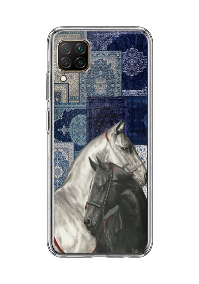 Huawei P40 Lite Uyumlu Mavi Kilim Desenli Siyah Ve Beyaz At Baskılı Silikon Kılıf
