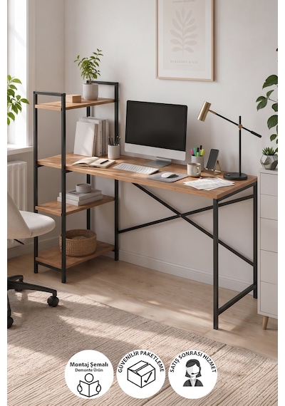 120x55 Cm Raflı Çalışma Masası Bilgisayar Masası Ofis Masası Ders Masası Cervantes Çam