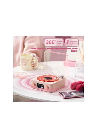 Waves Nostalji Plak Görünümlü Bluetooth Hoparlör 3d Ses Dalgası Retro Müzik Plak Pembe Najmaddin