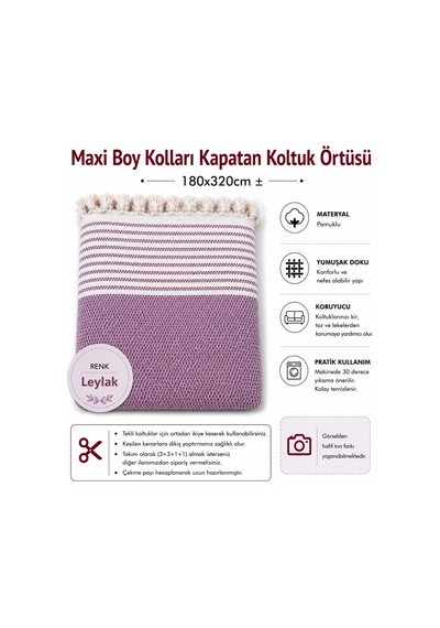 Pamuklu Kaymaz Hasır Dokuma Maxi Boy Kolları Örten Koltuk Örtüsü 180x310 - Leylak