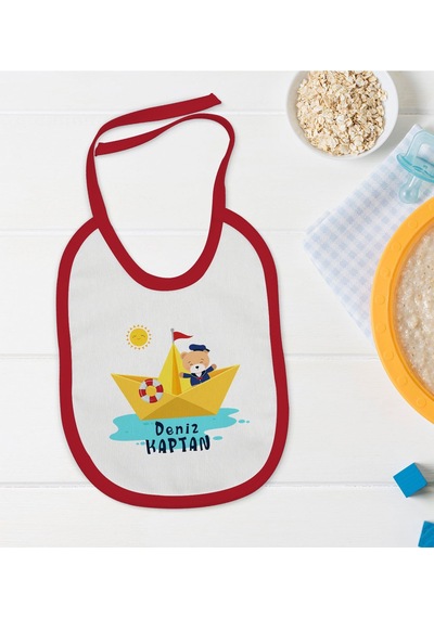 BK Kids Kişiye Özel Sevimli Kaptan Tasarımlı Kırmızı Bebek Mama Önlüğü Kırmızı