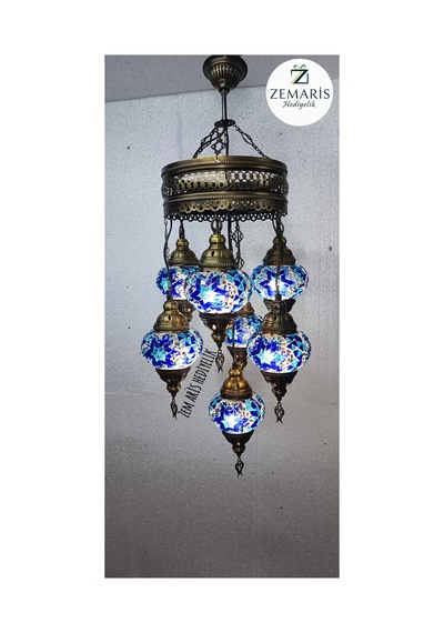 El Yapımı Otantik Mozaik 7 Li Avize Tavan Lambası Dekoratif Mavi - 786499679 Mavi