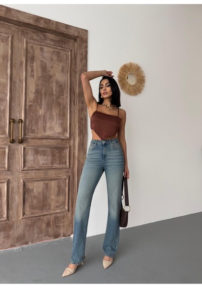 Kadın Straight Likralı Yüksek Bel Boru Paça Kot Pantolon Mavi Tint Mavi+tint